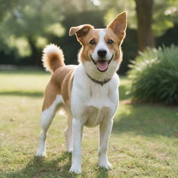 A healthy, playful dog with bright eyes and a wagging tail, standing in a sunny park, surrounded by lush greenery.