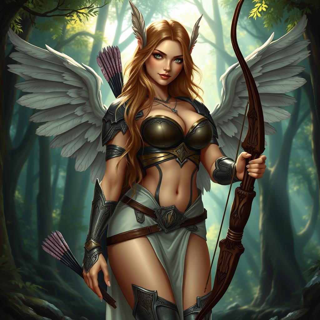 A seductive and alluring female aasimar ranger standing confidently in an enchanting forest