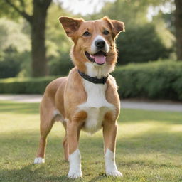 A healthy, playful dog with bright eyes and a wagging tail, standing in a sunny park, surrounded by lush greenery.