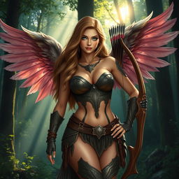 A seductive and alluring female aasimar ranger standing confidently in an enchanting forest