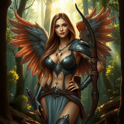 A seductive and alluring female aasimar ranger standing confidently in an enchanting forest