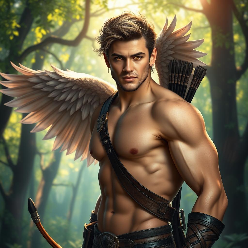 A seductive male aasimar ranger with an alluring presence in a mystical forest setting