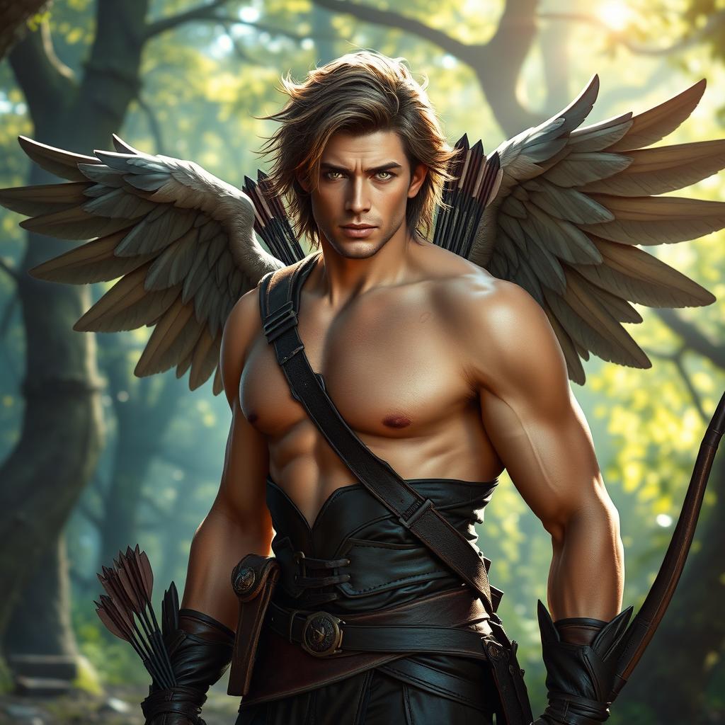 A seductive male aasimar ranger with an alluring presence in a mystical forest setting