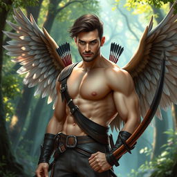 A seductive male aasimar ranger with an alluring presence in a mystical forest setting