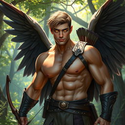 A seductive male aasimar ranger with an alluring presence in a mystical forest setting