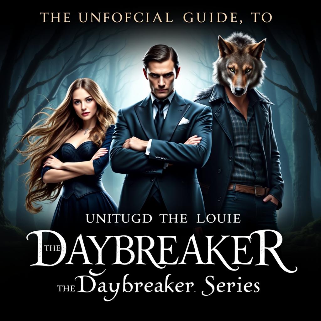 A fantasy book cover for 'The Unofficial Guide to the Daybreaker Series', featuring a striking composition of three characters: Emma, a brave and defiant human slave with long flowing hair and expressive eyes, standing confidently with her arms crossed; Salem Montgomery, a dashing vampire prince with an elegant suit and piercing gaze, depicting his noble but conflicted aura; and Mason, a rugged werewolf with tousled hair and a wild yet charming expression, standing protectively beside Emma