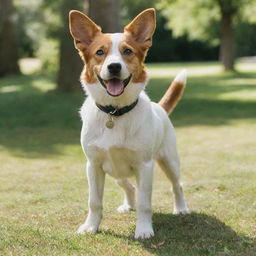 A healthy, playful dog with bright eyes and a wagging tail, standing in a sunny park, surrounded by lush greenery.