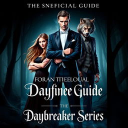 A fantasy book cover for 'The Unofficial Guide to the Daybreaker Series', featuring a striking composition of three characters: Emma, a brave and defiant human slave with long flowing hair and expressive eyes, standing confidently with her arms crossed; Salem Montgomery, a dashing vampire prince with an elegant suit and piercing gaze, depicting his noble but conflicted aura; and Mason, a rugged werewolf with tousled hair and a wild yet charming expression, standing protectively beside Emma