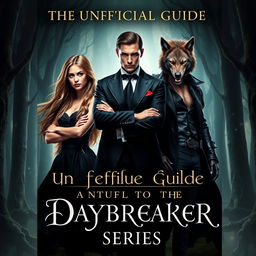 A fantasy book cover for 'The Unofficial Guide to the Daybreaker Series', featuring a striking composition of three characters: Emma, a brave and defiant human slave with long flowing hair and expressive eyes, standing confidently with her arms crossed; Salem Montgomery, a dashing vampire prince with an elegant suit and piercing gaze, depicting his noble but conflicted aura; and Mason, a rugged werewolf with tousled hair and a wild yet charming expression, standing protectively beside Emma