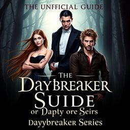 A fantasy book cover for 'The Unofficial Guide to the Daybreaker Series', featuring a striking composition of three characters: Emma, a brave and defiant human slave with long flowing hair and expressive eyes, standing confidently with her arms crossed; Salem Montgomery, a dashing vampire prince with an elegant suit and piercing gaze, depicting his noble but conflicted aura; and Mason, a rugged werewolf with tousled hair and a wild yet charming expression, standing protectively beside Emma