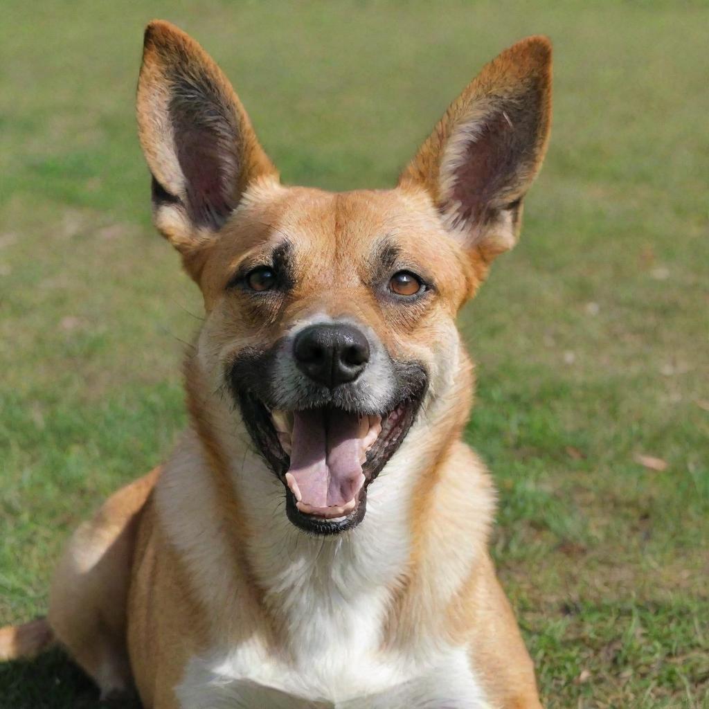 The same playful dog, now appearing annoyed, his ears laid back and teeth slightly bared as he defensively growls in a park.