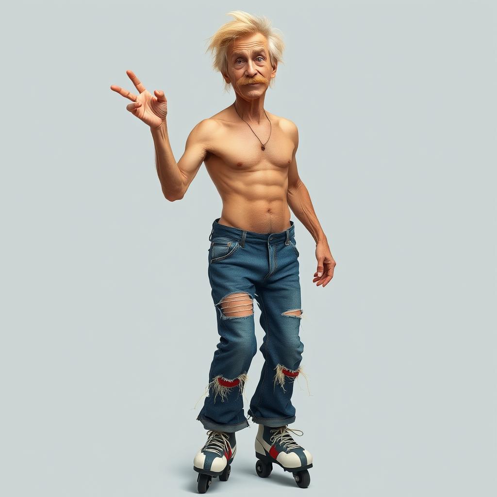 A humorous and eccentric depiction of a skinny, thin, muscular man in his 50s with a tiny waist and visible rib cage