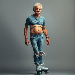 A humorous and eccentric depiction of a skinny, thin, muscular man in his 50s with a tiny waist and visible rib cage