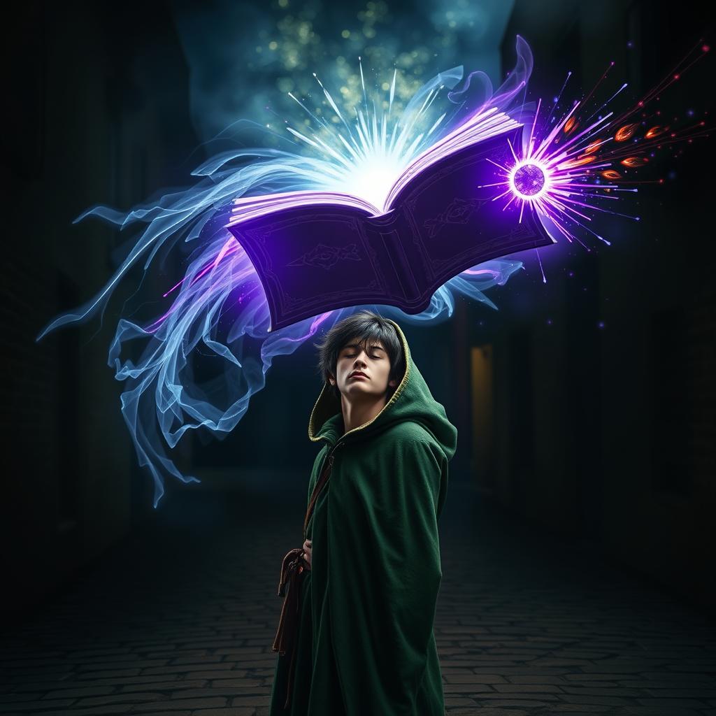 In a dark, cobbled road at night, a young adult mage with black hair and a green hooded cloak stands with his eyes closed, channeling magic to cast a powerful spell