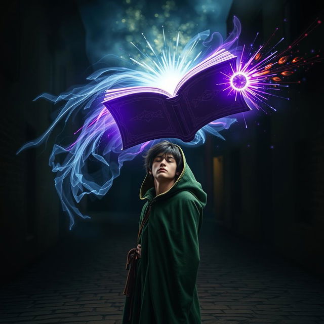 In a dark, cobbled road at night, a young adult mage with black hair and a green hooded cloak stands with his eyes closed, channeling magic to cast a powerful spell