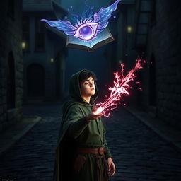 In a dark, cobbled road at night, a young adult mage with black hair and a green hooded cloak stands with his eyes closed, channeling magic to cast a powerful spell