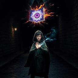 In a dark, cobbled road at night, a young adult mage with black hair and a green hooded cloak stands with his eyes closed, channeling magic to cast a powerful spell