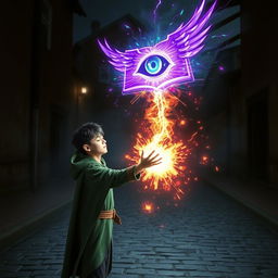 In a dark, cobbled road at night, a young adult mage with black hair and a green hooded cloak stands with his eyes closed, channeling magic to cast a powerful spell