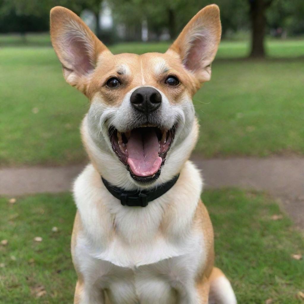 The same playful dog, now appearing annoyed, his ears laid back and teeth slightly bared as he defensively growls in a park.