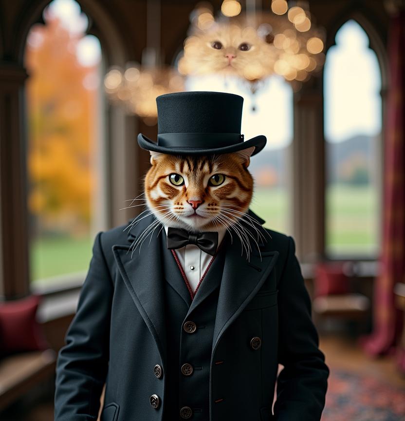 A 19th century style portrait of a fluffy cream-colored cat lying on its back, wearing an aristocratic suit and a top hat