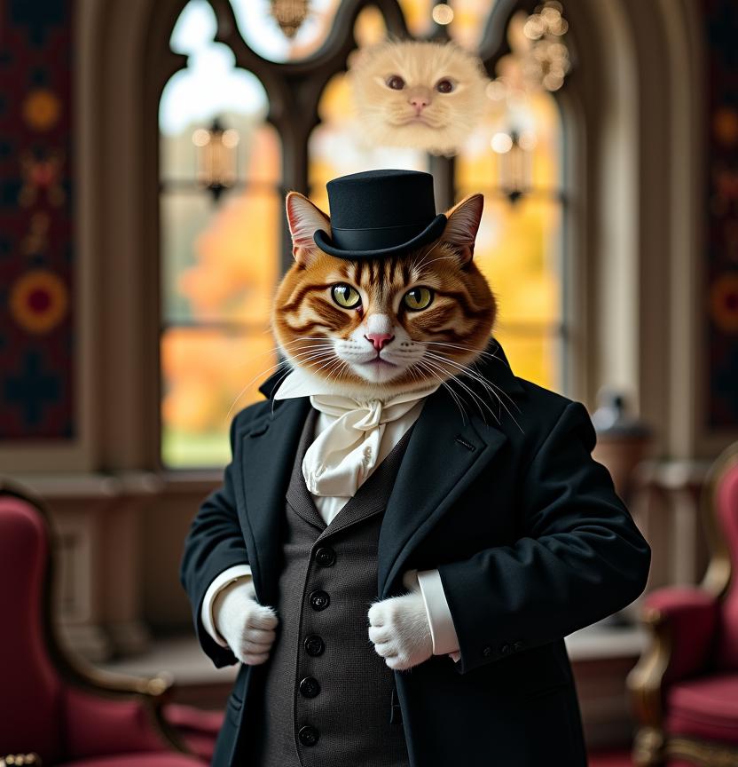 A 19th-century style portrait of a fluffy cat wearing an aristocratic suit and top hat