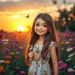 A cute young woman with an endearing smile standing in a vibrant flower garden