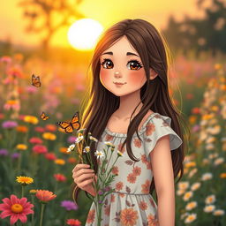 A cute young woman with an endearing smile standing in a vibrant flower garden