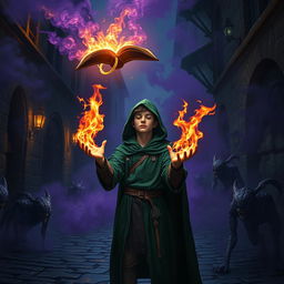 In a dark medieval cobbled street, a young adult mage wearing a green hooded cloak stands with his eyes closed, hands engulfed in flames, as he taps into the mystical energies around him