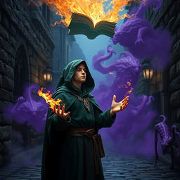 In a dark medieval cobbled street, a young adult mage wearing a green hooded cloak stands with his eyes closed, hands engulfed in flames, as he taps into the mystical energies around him