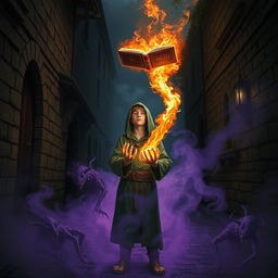 In a dark medieval cobbled street, a young adult mage wearing a green hooded cloak stands with his eyes closed, hands engulfed in flames, as he taps into the mystical energies around him