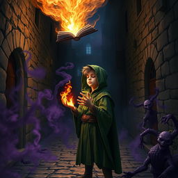 In a dark medieval cobbled street, a young adult mage wearing a green hooded cloak stands with his eyes closed, hands engulfed in flames, as he taps into the mystical energies around him