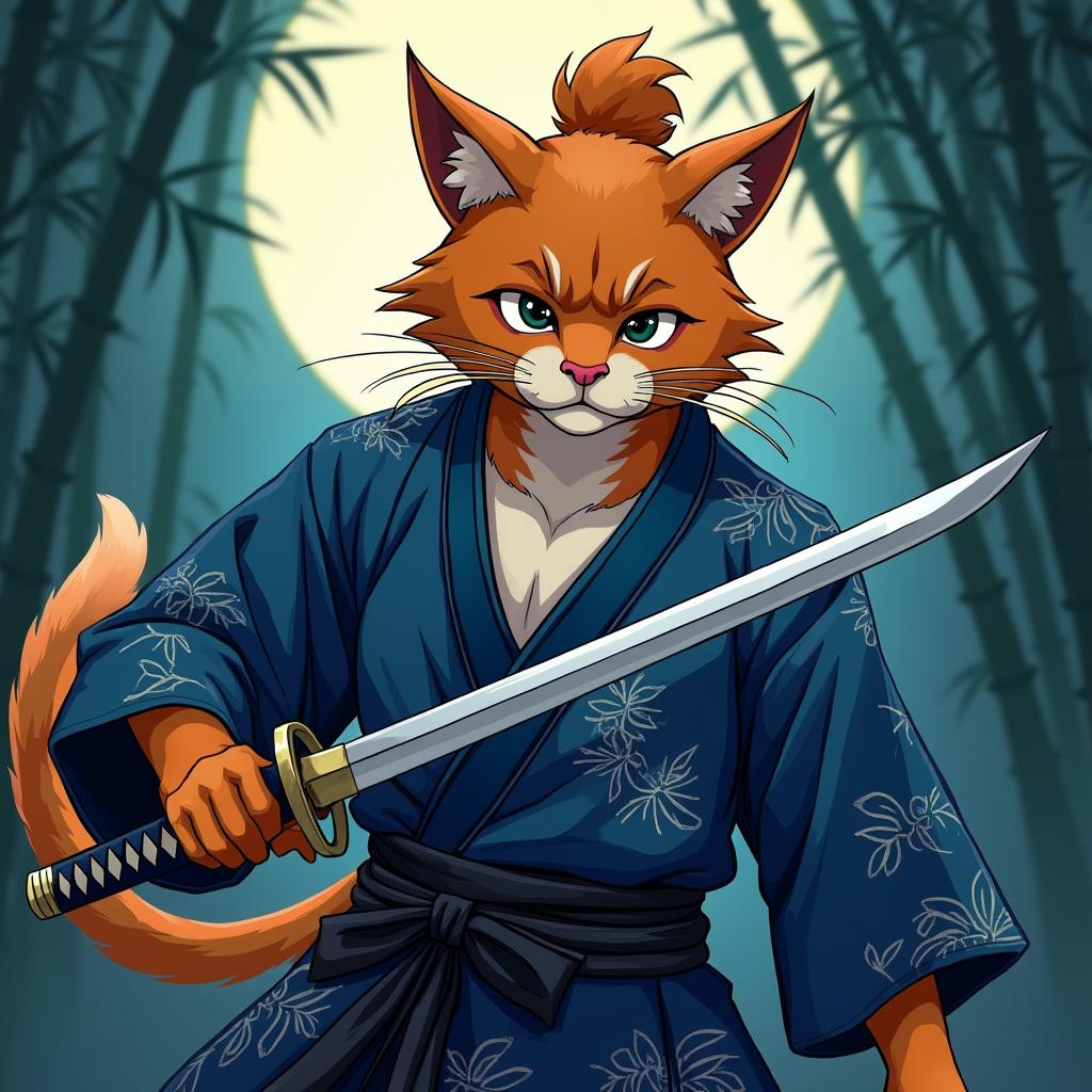 Demon Slayer style anime Samurai Cat-man with orange tabby fur, wearing a blue kimono