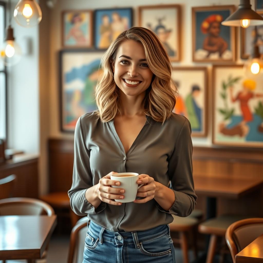 A charming lady in her late twenties with a delightful smile, standing in an artistic café