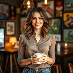 A charming lady in her late twenties with a delightful smile, standing in an artistic café