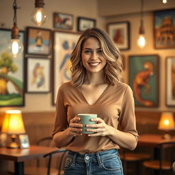 A charming lady in her late twenties with a delightful smile, standing in an artistic café