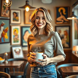 A charming lady in her late twenties with a delightful smile, standing in an artistic café