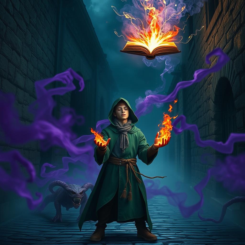 In a dark medieval cobbled street, a young adult mage wearing a green hooded cloak stands with his eyes closed, hands ablaze with flames, tapping into arcane powers