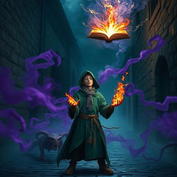 In a dark medieval cobbled street, a young adult mage wearing a green hooded cloak stands with his eyes closed, hands ablaze with flames, tapping into arcane powers