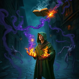 In a dark medieval cobbled street, a young adult mage wearing a green hooded cloak stands with his eyes closed, hands ablaze with flames, tapping into arcane powers