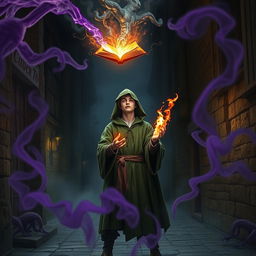 In a dark medieval cobbled street, a young adult mage wearing a green hooded cloak stands with his eyes closed, hands ablaze with flames, tapping into arcane powers