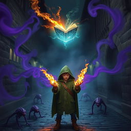 In a dark medieval cobbled street, a young adult mage wearing a green hooded cloak stands with his eyes closed, hands ablaze with flames, tapping into arcane powers