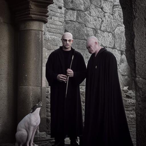 Lord Voldemort, recognizable by his chalk white skin, slit-like nostrils, and piercing red eyes; clothed in a high-collared black robe, holding an yew wood wand, accompanied by Nagini in the ruins of a stone building.