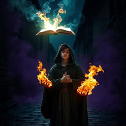 In a dark medieval cobbled street, a young adult mage with black hair dons a green hooded cloak, standing with his eyes closed, tapping into his inner power, as flames erupt from his hands