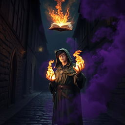 In a dark medieval cobbled street, a young adult mage with black hair dons a green hooded cloak, standing with his eyes closed, tapping into his inner power, as flames erupt from his hands