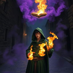 In a dark medieval cobbled street, a young adult mage with black hair dons a green hooded cloak, standing with his eyes closed, tapping into his inner power, as flames erupt from his hands