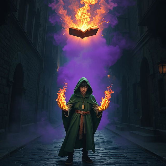 In a dark medieval cobbled street, a young adult mage with black hair dons a green hooded cloak, standing with his eyes closed, tapping into his inner power, as flames erupt from his hands