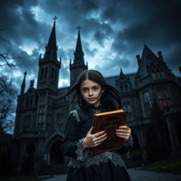 A young orphan girl with pale skin and mysterious glowing eyes stands in awe at the entrance of an ancient, gothic vampire boarding school