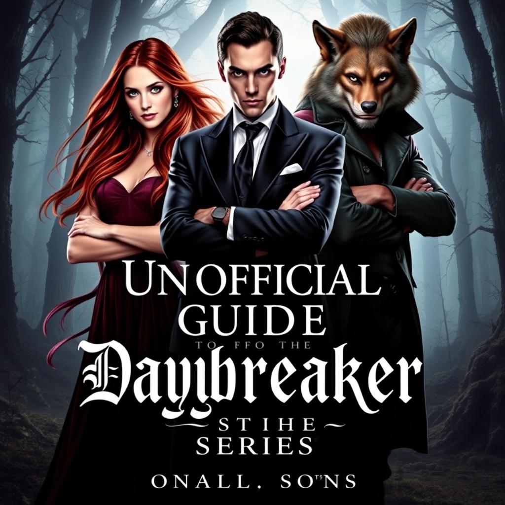 A fantasy book cover for 'Unofficial Guide to the Daybreaker Series', featuring a striking composition of three characters: Emma, a brave and defiant human slave with long flowing hair and expressive eyes, standing confidently with her arms crossed; Salem Montgomery, a dashing vampire prince with an elegant suit and piercing gaze, depicting his noble but conflicted aura; and Mason, a rugged werewolf with tousled hair and a wild yet charming expression, standing protectively beside Emma