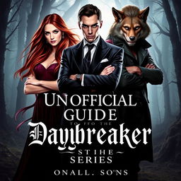 A fantasy book cover for 'Unofficial Guide to the Daybreaker Series', featuring a striking composition of three characters: Emma, a brave and defiant human slave with long flowing hair and expressive eyes, standing confidently with her arms crossed; Salem Montgomery, a dashing vampire prince with an elegant suit and piercing gaze, depicting his noble but conflicted aura; and Mason, a rugged werewolf with tousled hair and a wild yet charming expression, standing protectively beside Emma