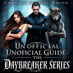 A fantasy book cover for 'Unofficial Guide to the Daybreaker Series', featuring a striking composition of three characters: Emma, a brave and defiant human slave with long flowing hair and expressive eyes, standing confidently with her arms crossed; Salem Montgomery, a dashing vampire prince with an elegant suit and piercing gaze, depicting his noble but conflicted aura; and Mason, a rugged werewolf with tousled hair and a wild yet charming expression, standing protectively beside Emma